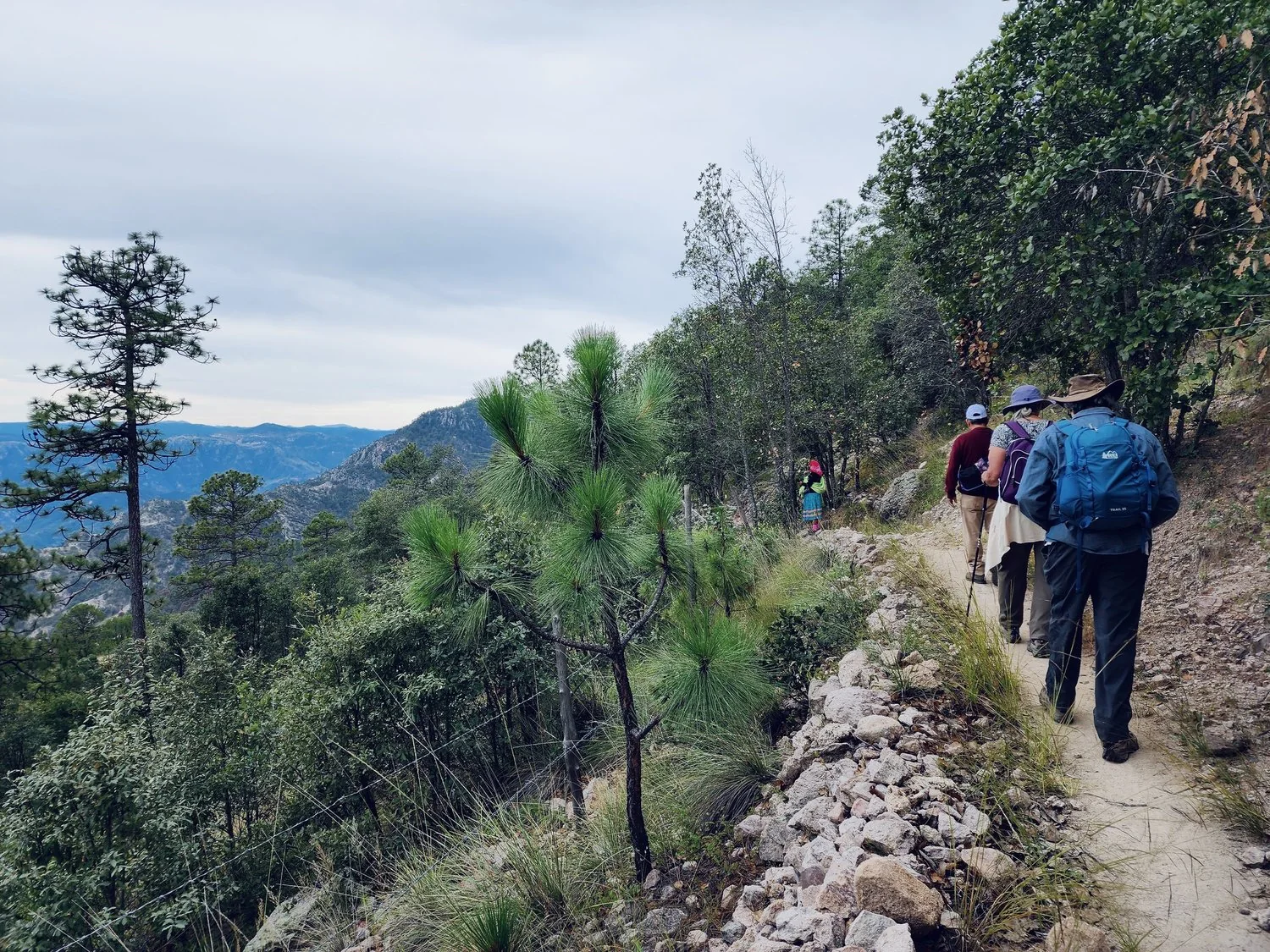 Walking a rocky trail above the canyon