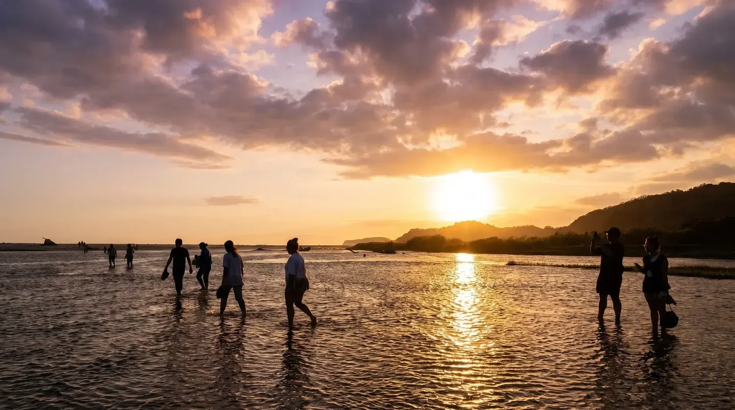 Arriving at the beach at sunset